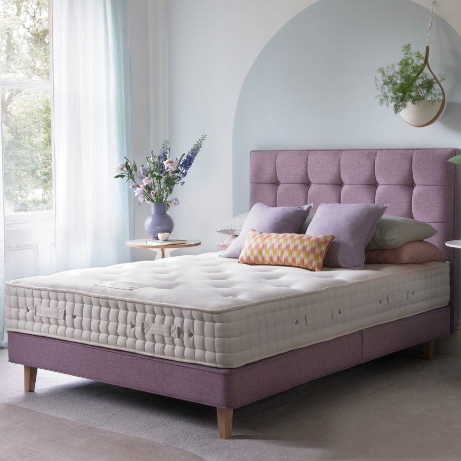 Hypnos Luxury No Turn 9 Mattress semi-dressed with Shallow Divan and Grace Headboard in Brooklyn Lilac