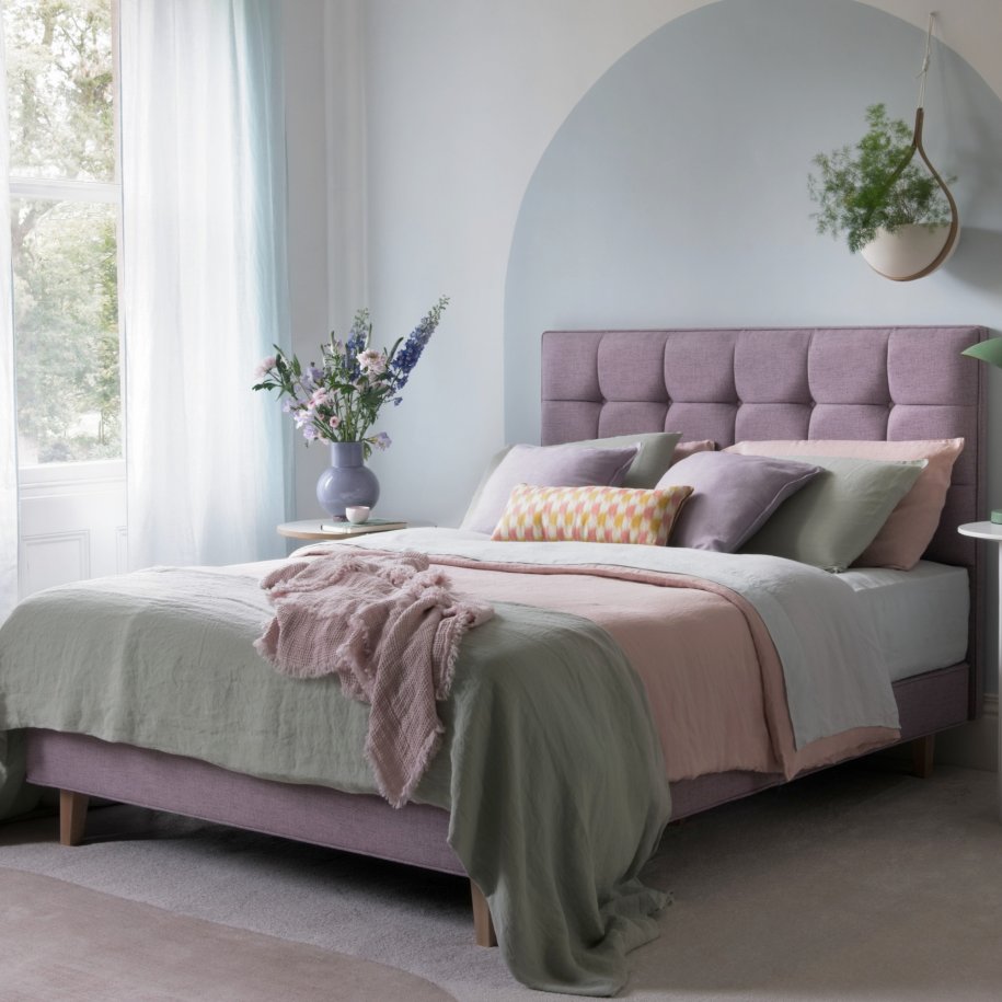Hypnos Luxury No Turn 9 Shallow Divan Bed dressed with Shallow Grace Headboard in Brooklyn Lilac