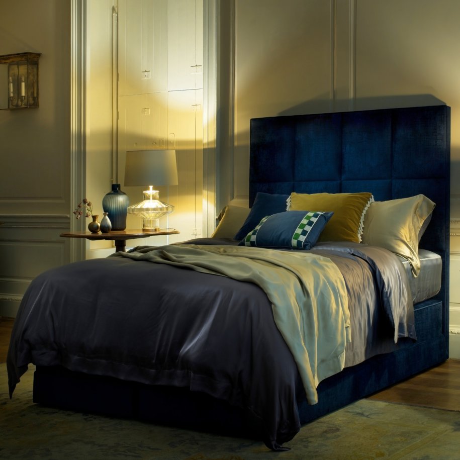 Hypnos Legacy II Victoria Headboard Premium Royal Navy Dressed Angled