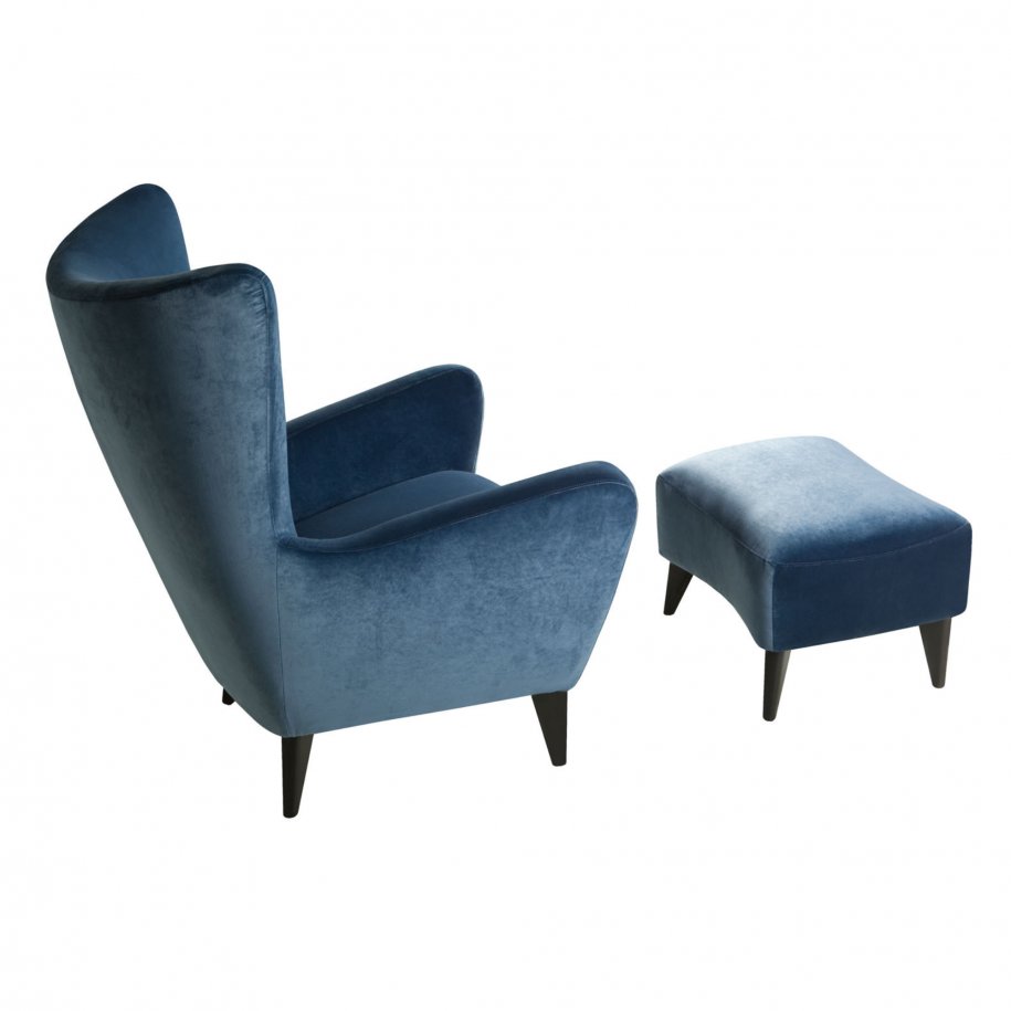 Sits Elsa Armchair with footstool in Classic Velvet Navy Blue angled