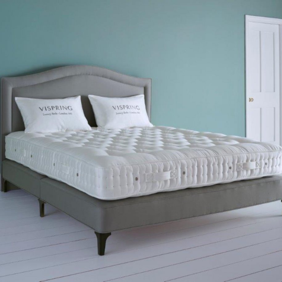 Vispring Devonshire Mattress on a shallow Wool De Luxe divan base on legs with Artemis Headboard