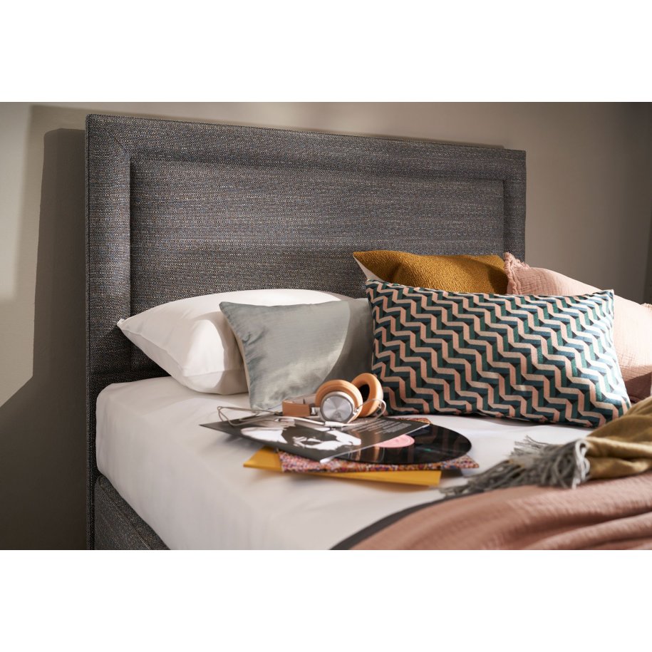 Vispring Helios Headboard on dressed Deep Divan Bed in Grey fabric