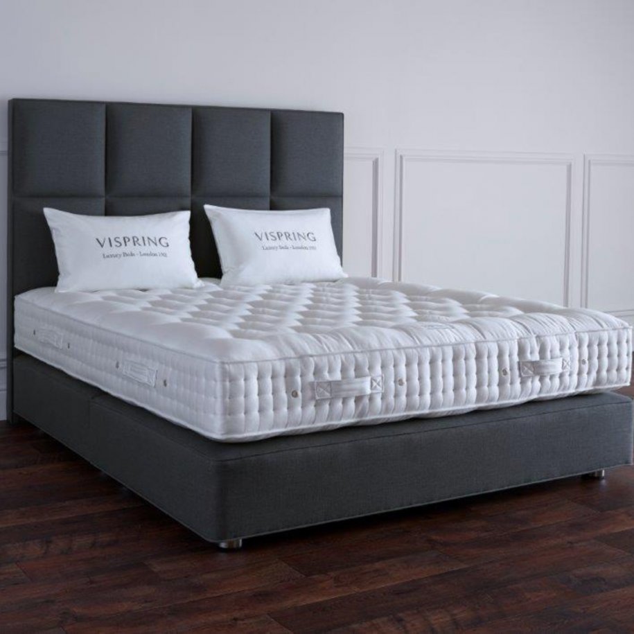 Vispring Kingsbridge Mattress on grey Prestige Divan Base with Atlas Headboard