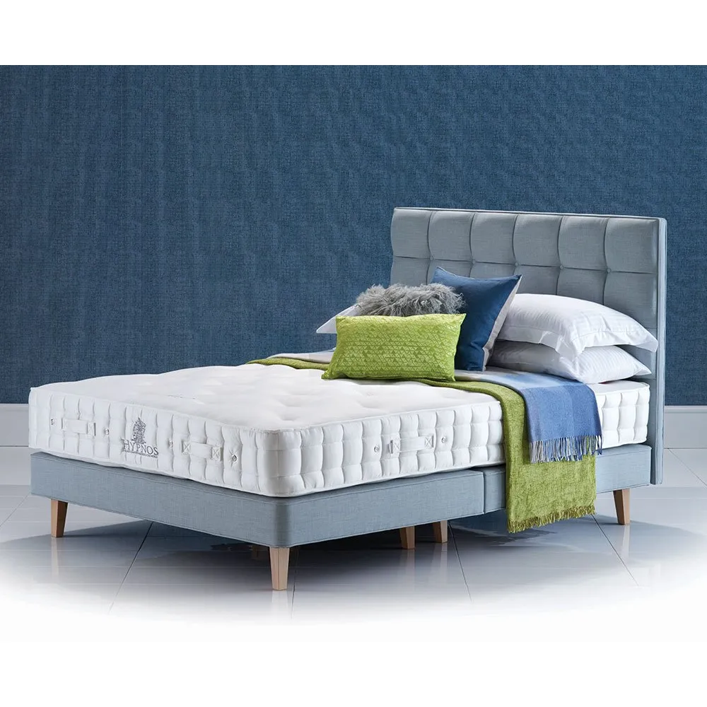 Hazel Natural Deluxe shallow divan on legs, with the Grace headboard in blue