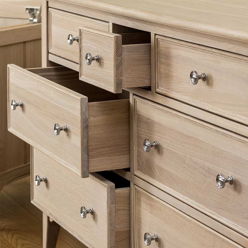 New England Oak Wide Chest of Drawers - Drawers open