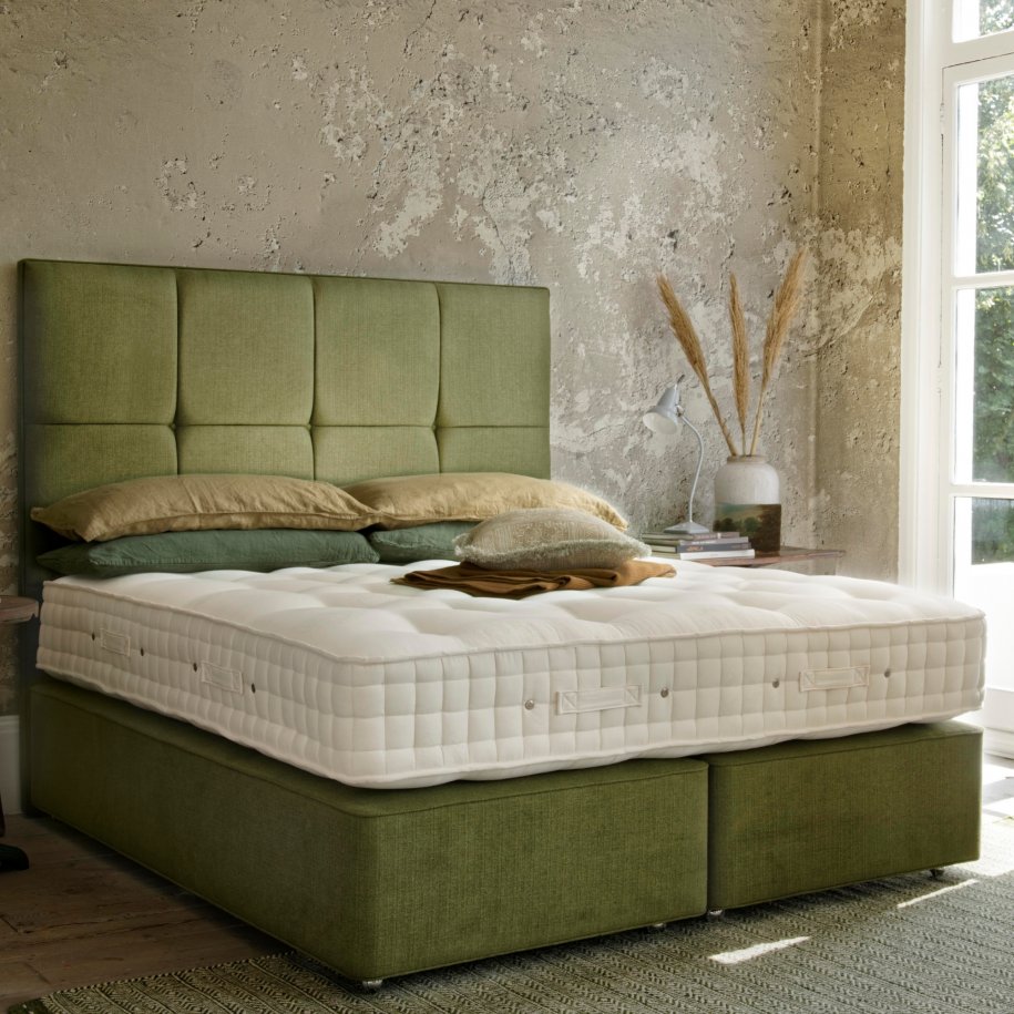 Hypnos Wool Origins 8 Mattress semi dressed with Deep Divan and Tall Headboard in Green