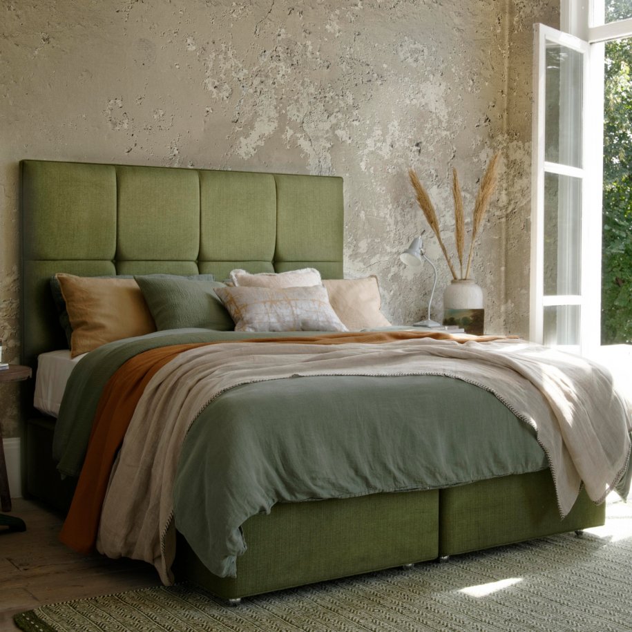 Hypnos Wool Origins 8 Mattress dressed with Deep Divan and Tall Headboard in Green