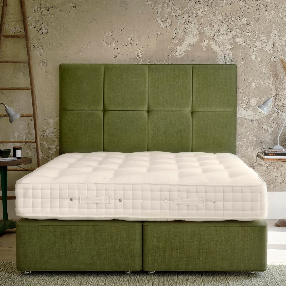 Hypnos Wool Origins 8 Mattress undressed with Deep Divan and Tall Headboard in Green