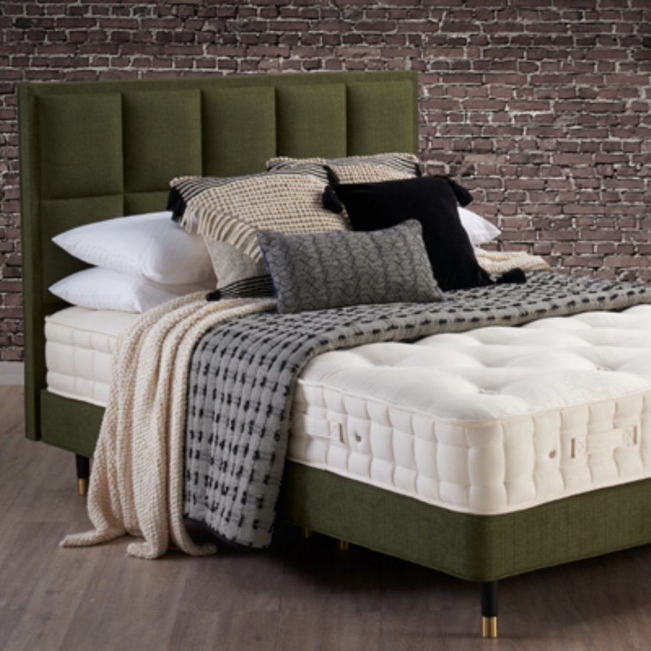 Hypnos Cotton Origins 8 mattress on green shallow divan base and Alexandra headboard