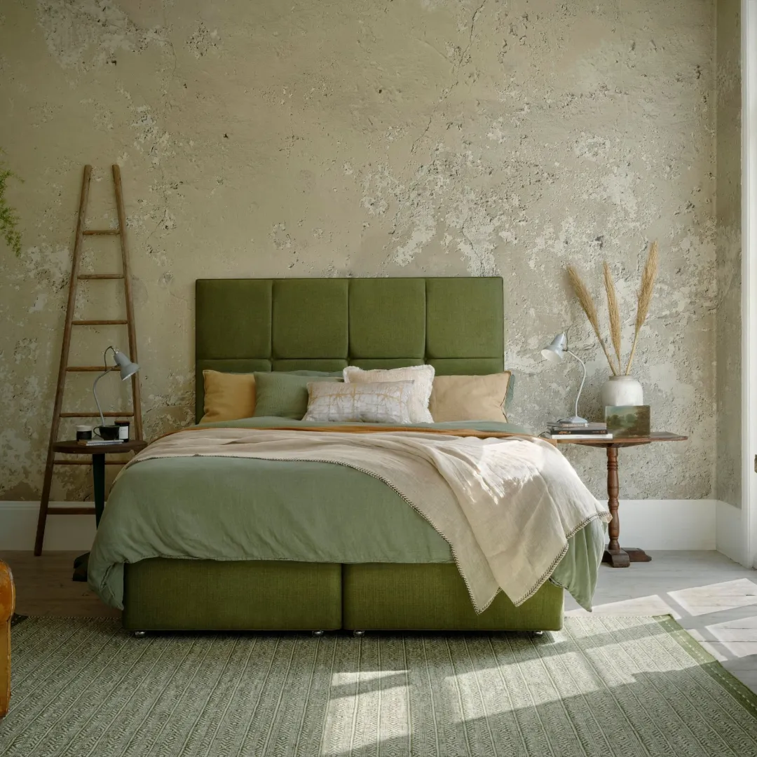 Hypnos Dressed Deep Platform Top Divan Base upholstered in Zenith 501 Palm, front facing