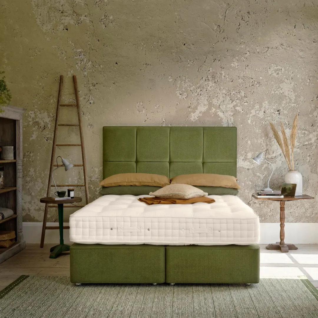 Hypnos Deep Platform Top Divan Base upholstered in Zenith 501 Palm semidressed front facing