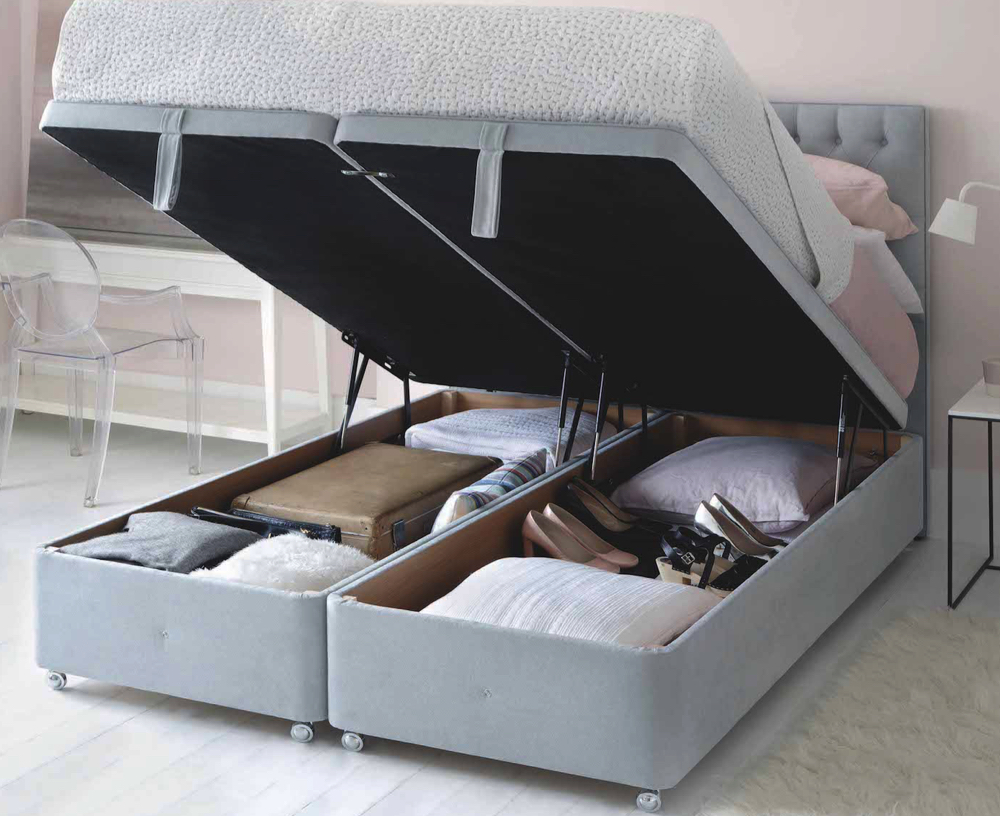 Ottoman storage bed with lid open to see storage space