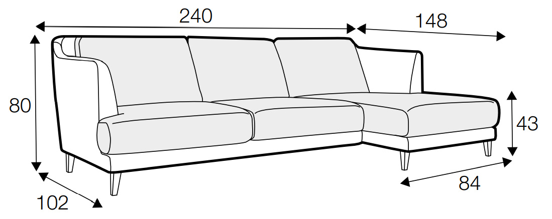 Vera Medium Chaise Sofa Dimensions